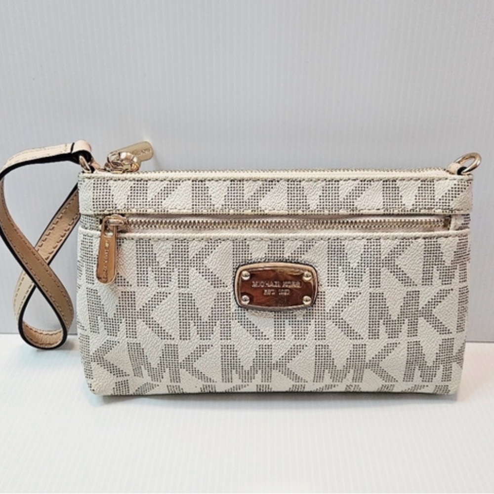 Michael Kors Monogram Cream and Tan Wristlet